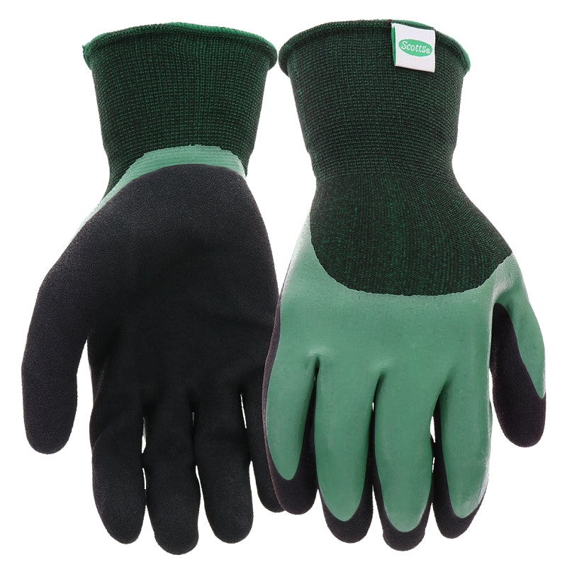 SCOTTS Scotts SC30602/L Dipped Gloves, Men's, L, Elastic Knit Wrist Cuff, Rubber Latex Coating, Black/Green