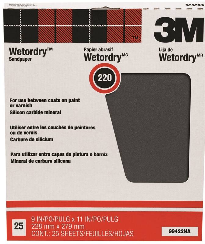 3M 3M Wetordry 99422NA Sandpaper, Black, 11 in L, 9 in W, Very Fine, 220 Grit, Silicon Carbide Abrasive, Paper Backing