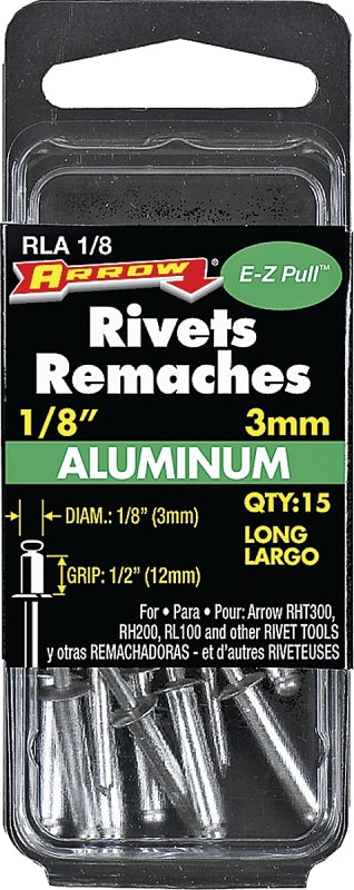 ARROW Arrow RLA1/8 Pop Rivet, Long, 1/2 in Grip, 1/2 in L, Aluminum, 15/PK TOOLS ARROW