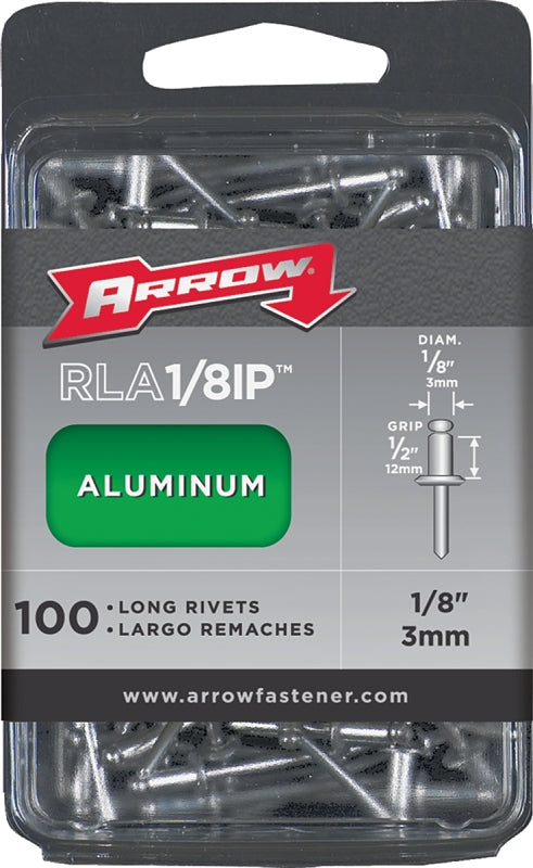 ARROW Arrow RLA1/8IP Pop Rivet, Long, 1/2 in Grip, 1/2 in L, Aluminum, 100/PK