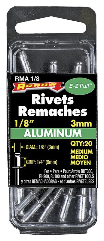 ARROW Arrow RMA1/8 Pop Rivet, Medium, 1/4 in Grip, 1/4 in L, Aluminum, Silver, 20/PK TOOLS ARROW