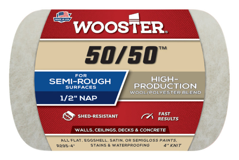 WOOSTER BRUSH Wooster R295-4 Roller Cover, 1/2 in Thick Nap, 4 in L, Knit Fabric/Lambs Wool/Polyester Cover, Creamy PAINT WOOSTER BRUSH