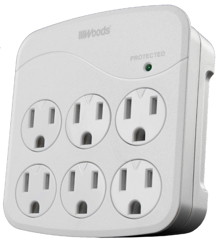 WOODS Woods 41076 Surge Protector, 120 VAC, 15 A, 6 -Outlet, 1440 J Energy, White
