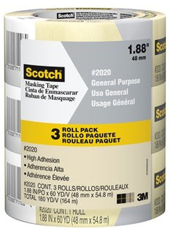 SCOTCH Scotch 2020-48ECP Masking Tape, 60 yd L, 1.89 in W, 0.13 mm Thick, Crepe Paper/Rubber Backing, Tan PAINT SCOTCH