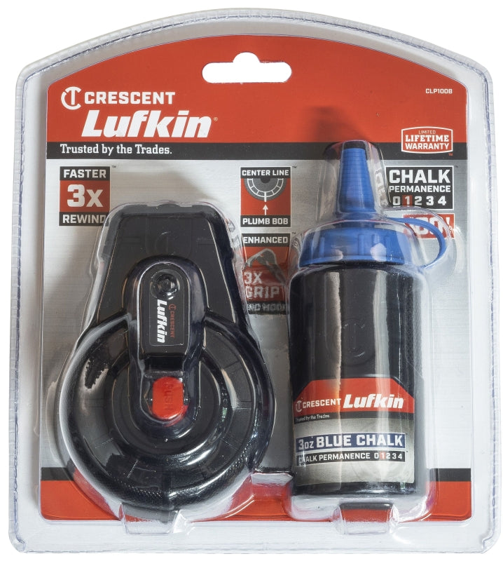 LUFKIN Crescent Lufkin CLP100B Chalk Reel, 3 oz Chalk Capacity, 100 ft L Line, Gear Rewind, 3:1 Gear Ratio, Blue