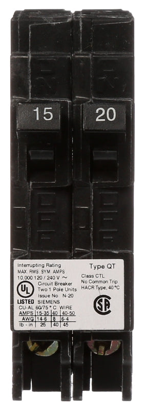SIEMENS Siemens Q1520 Circuit Breaker, Type QT, 15 to 20 A, 1 -Pole, 120 V, Plug Mounting ELECTRICAL SIEMENS