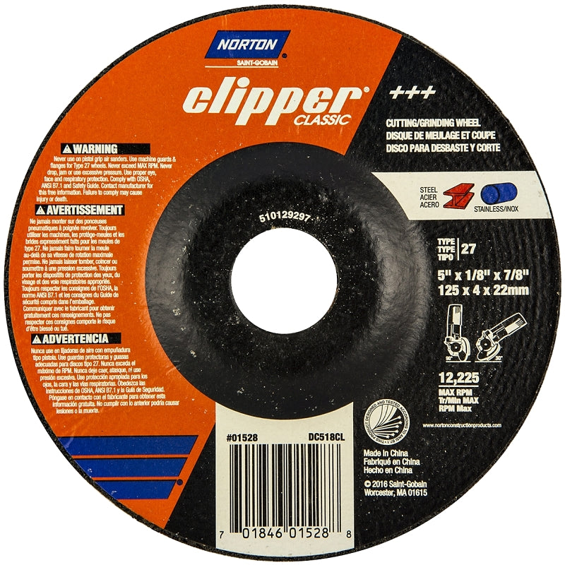 NORTON Norton Clipper Classic Series 70184601528 Grinding Wheel, 5 in Dia, 1/8 in Thick, 7/8 in Arbor TOOLS NORTON