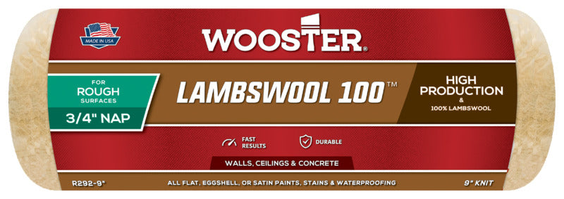 WOOSTER BRUSH Wooster R292-9 Roller Cover, 3/4 in Thick Nap, 9 in L, Knit Lambs Wool Cover, Buff