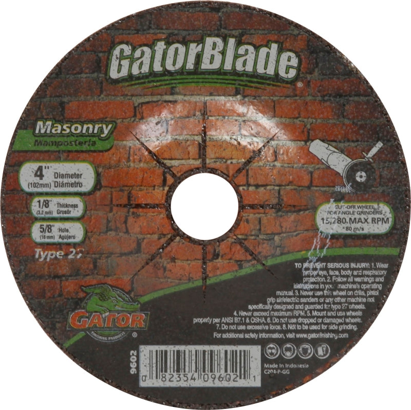 GATOR GatorBlade 9602 Cut-Off Wheel, 4 in Dia, 1/8 in Thick, 5/8 in Arbor, 24 Grit, Silicone Carbide Abrasive TOOLS GATOR