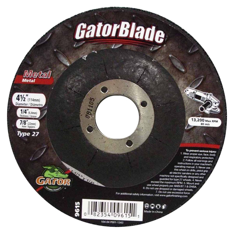 GATOR Gator 9615 Grinding Wheel, 4-1/2 in Dia, 1/4 in Thick, 7/8 in Arbor, Aluminum Oxide Abrasive TOOLS GATOR