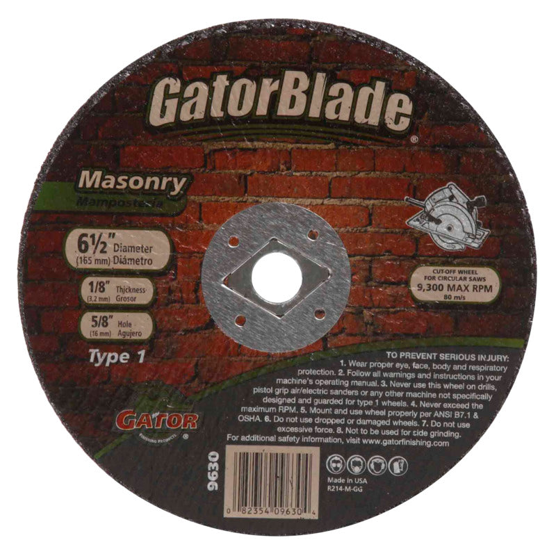 GATOR Gator 9630 Cut-Off Wheel, 6-1/2 in Dia, 1/8 in Thick, 5/8 in Arbor TOOLS GATOR