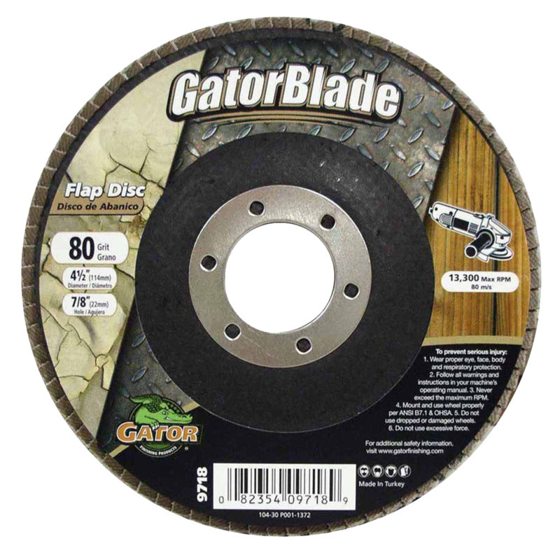 GATOR Gator 9718 Abrasive Flap Disc, 4-1/2 in Dia, 80 Grit, Medium, Zirconium Oxide Abrasive, Fiberglass Backing TOOLS GATOR