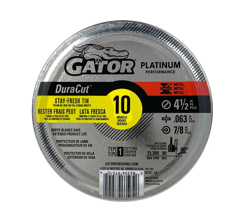 GATOR Gator 975110 Cut-Off Wheel, 4-1/2 in Dia, 0.063 Thick, 7/8 in Arbor, Aluminum Oxide Abrasive TOOLS GATOR