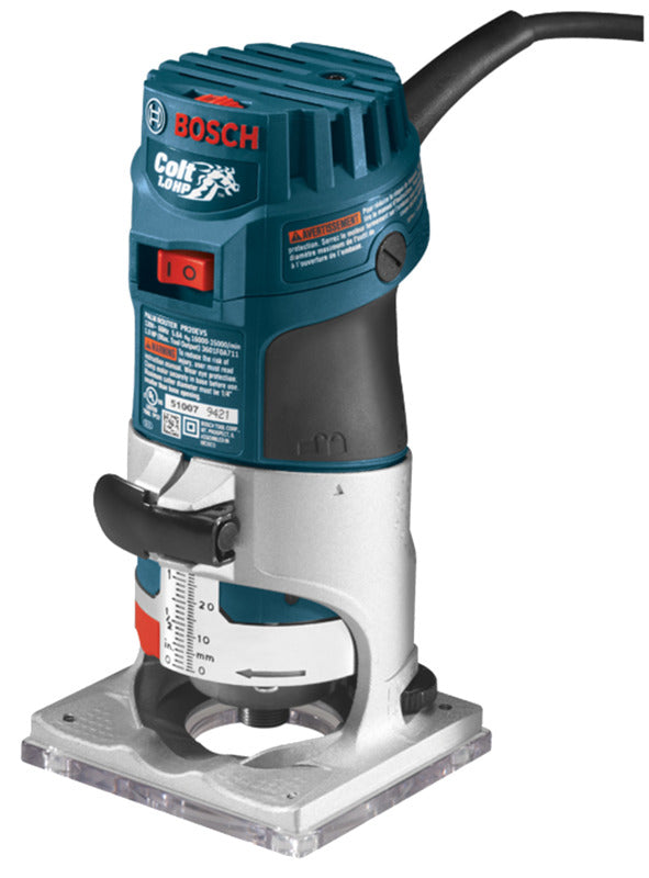BOSCH Bosch PR20EVS Palm Router, 5.6 A, 1-5/16 in Max Cutter Dia, 1/4 in Collet, 16,000 to 35,000 rpm Load Speed TOOLS BOSCH