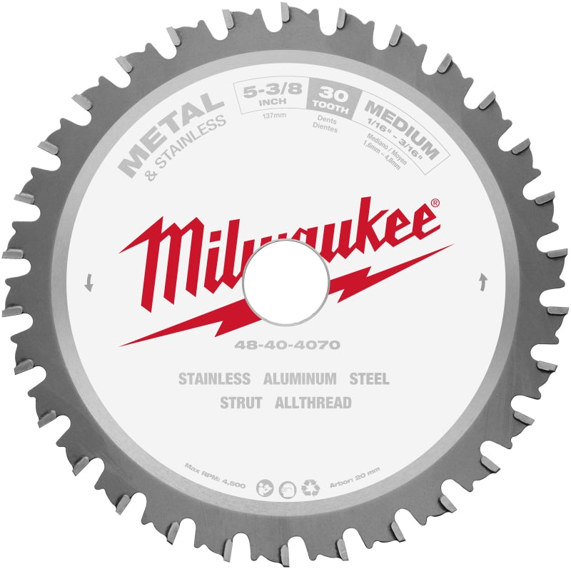 MILWAUKEE Milwaukee 48-40-4070 Circular Saw Blade, 5-3/8 in Dia, 20 mm Arbor, 30-Teeth, Carbide Cutting Edge TOOLS MILWAUKEE