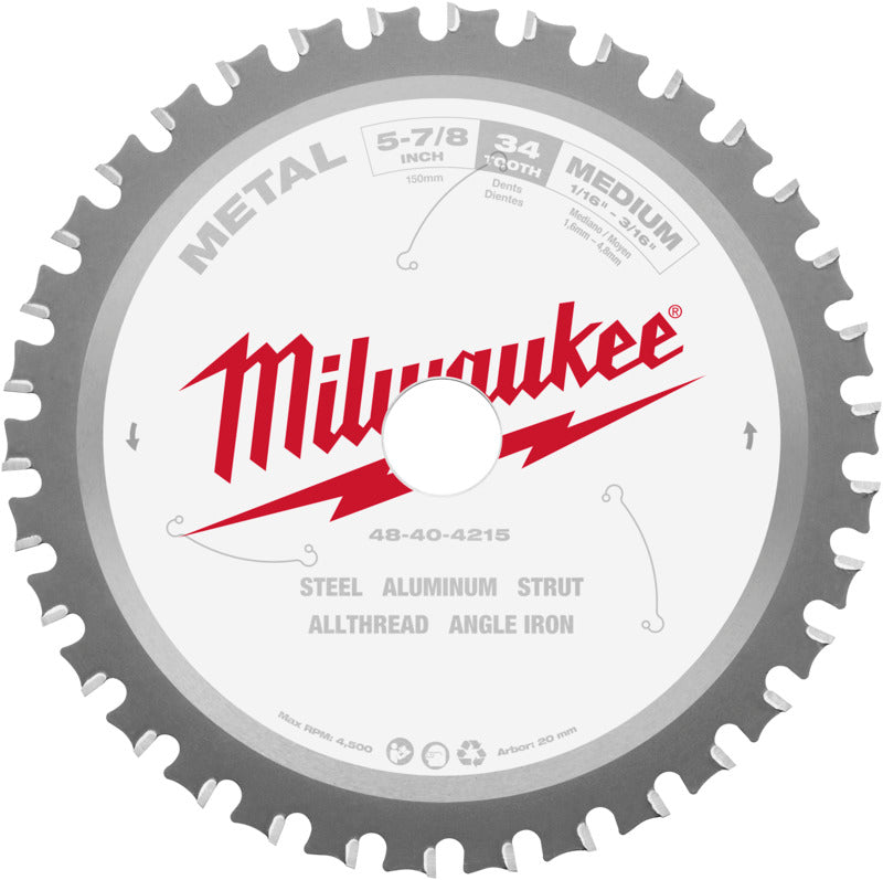 MILWAUKEE Milwaukee 48-40-4215 Circular Saw Blade, 5-7/8 in Dia, 20 mm Arbor, 34-Teeth, Carbide Cutting Edge TOOLS MILWAUKEE