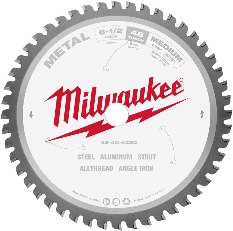 MILWAUKEE Milwaukee 48-40-4220 Circular Saw Blade, 6-1/2 in Dia, 5/8 in Arbor, 48-Teeth, Carbide Cutting Edge TOOLS MILWAUKEE