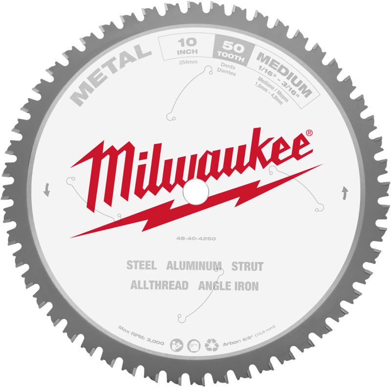 MILWAUKEE Milwaukee 48-40-4260 Circular Saw Blade, 10 in Dia, 5/8 in Arbor, 50-Teeth, Carbide Cutting Edge TOOLS MILWAUKEE