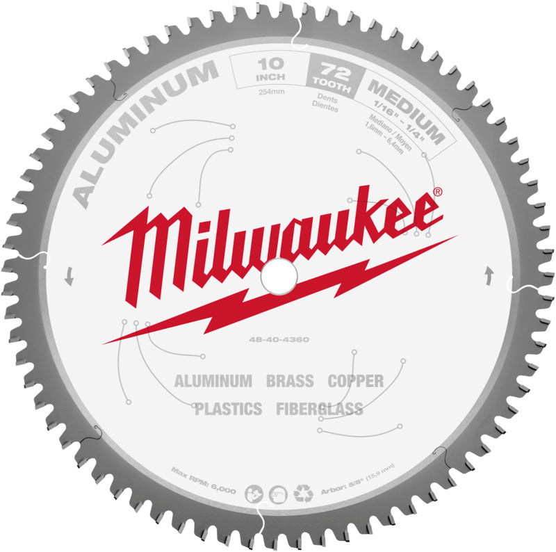 MILWAUKEE Milwaukee 48-40-4360 Circular Saw Blade, 10 in Dia, 5/8 in Arbor, 72-Teeth, Carbide Cutting Edge TOOLS MILWAUKEE