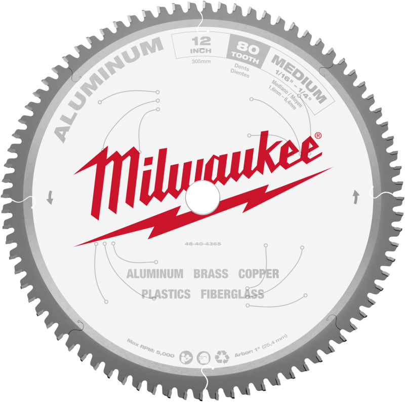 MILWAUKEE Milwaukee 48-40-4365 Circular Saw Blade, 12 in Dia, 1 in Arbor, 80-Teeth, Carbide Cutting Edge TOOLS MILWAUKEE