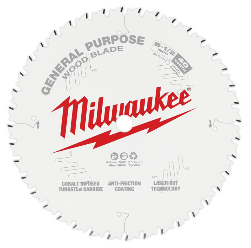 MILWAUKEE Milwaukee 48-40-0824 Circular Saw Blade, 8-1/2 in Dia, 5/8 in Arbor, 40-Teeth, Carbide Cutting Edge TOOLS MILWAUKEE