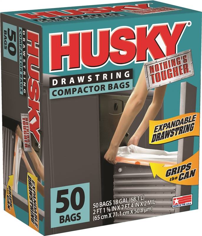 POLY-AMERICA Husky HK18XDS050W Trash Compactor Bag with Drawstring, 18 gal Capacity, White, 2 ft 1-5/8 in L, 2 ft 4 in W