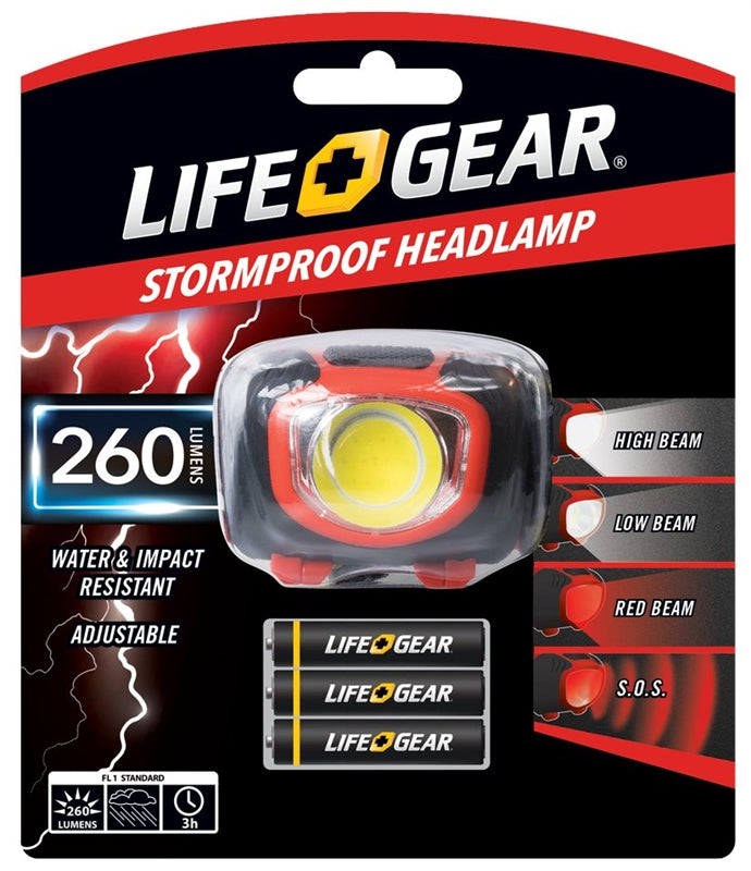 LIFE+GEAR LifeGear 41-3765 Headlamp, AAA Battery, Alkaline Battery, LED Lamp, 260, 3 hr Run Time, Black/Red ELECTRICAL LIFE+GEAR