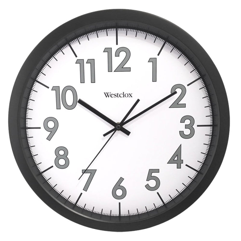 WESTCLOX Westclox 32067 Clock, 14 in Dia, Round, Black Frame, Plastic Clock Face, Analog, Glass Lens HOUSEWARES WESTCLOX