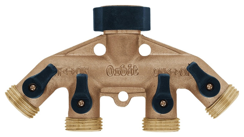 ORBIT IRRIGATION PRODUCTS Orbit 62010N Hose Faucet Manifold, 3/4 in Swivel x MHT, 4-Port/Way, Brass