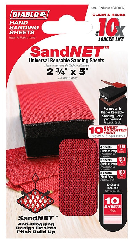 DIABLO Diablo SandNET DND234ASTD10N Reusable Sanding Sheet Pack, 2-3/4 in L, 5 in W, Fine, Medium, 100, 150, 180 Grit PAINT DIABLO