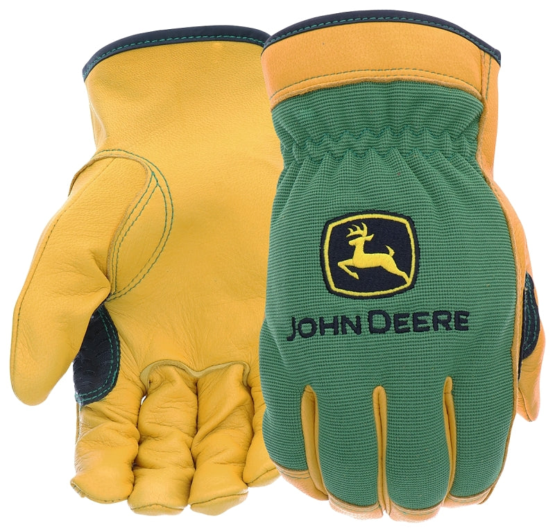 JOHN DEERE John Deere JD00008-2XL Gloves, Men's, 2XL, Keystone Thumb, Shirred Elastic Cuff, Spandex Back, Green/Yellow