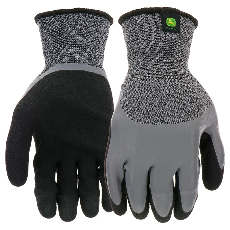 JOHN DEERE John Deere JD30500-L Double-Dipped Gloves, L, 4-1/4 in L, Knit Wrist, Seamless Cuff, Latex Coating, Black/Gray
