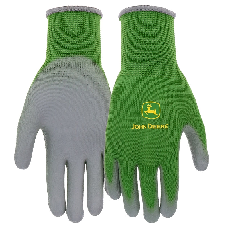 JOHN DEERE John Deere JD37200-Y Youth Gloves, 3-1/2 in L, Knit Wrist, Seamless Cuff, Polyurethane Coating, Gray/Green