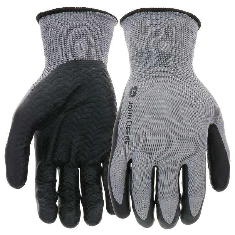 JOHN DEERE John Deere JD37215-L Gloves, Men's, L, 4-1/4 in L, Knit Wrist, Seamless Cuff, Nitrile Coating, Black/Gray