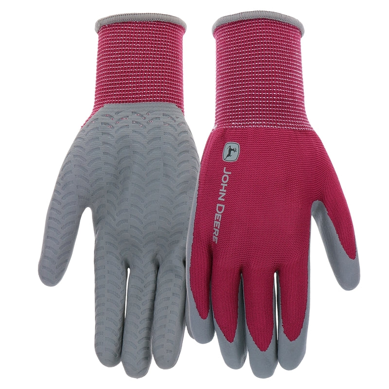 JOHN DEERE John Deere JD37216-WML Gloves, Women's, M/L, 3.82 in L, Knit Wrist, Seamless Cuff, Nitrile Coating, Gray/Maroon