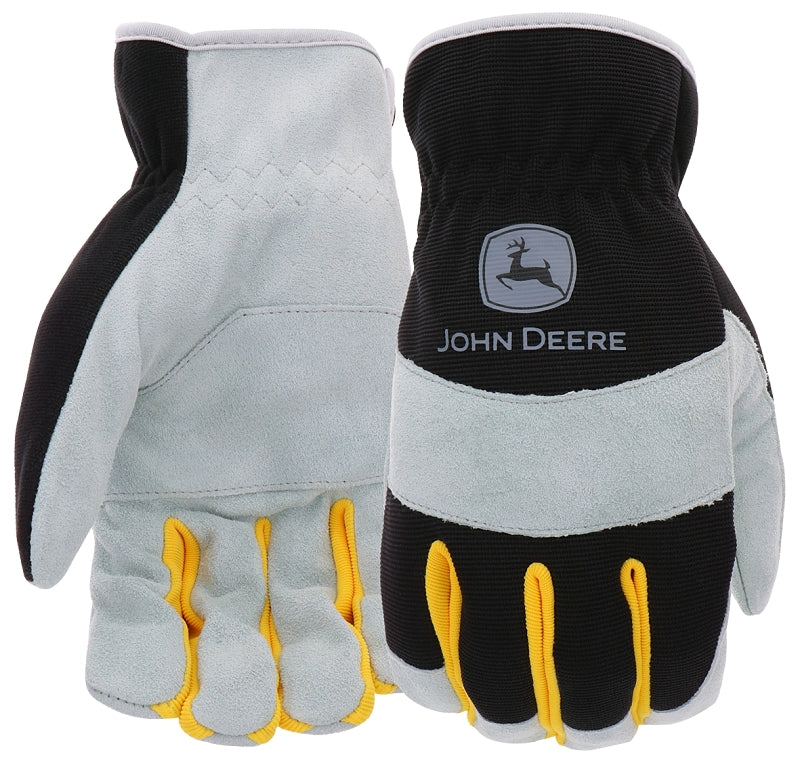 JOHN DEERE John Deere JD86020-L Work Gloves, Slip-On, Men's, L, Keystone Thumb, Shirred Cuff, Spandex Back, Black/Gray