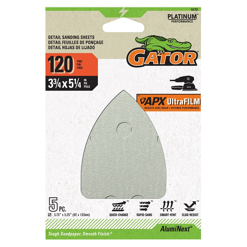 GATOR Gator 5172 Mouse Sander Abrasive Sheet, 5-1/4 in L, 3-3/4 in W, Fine, 120 Grit, Aluminum Oxide Abrasive TOOLS GATOR