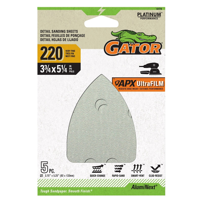 GATOR Gator 5174 Mouse Sander Abrasive Sheet, 5-1/4 in L, 3-3/4 in W, Very Fine, 220 Grit, Aluminum Oxide Abrasive TOOLS GATOR