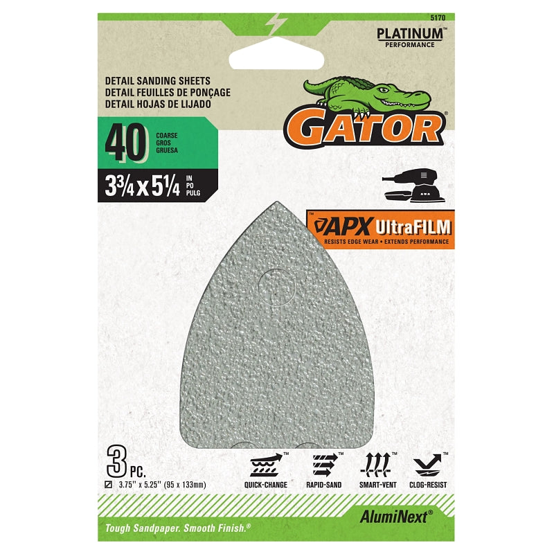 GATOR Gator 5170 Sanding Sheet, 3-3/4 in W, 5-1/4 in L, 40 Grit, Coarse, Aluminum Oxide Abrasive, Film Backing TOOLS GATOR