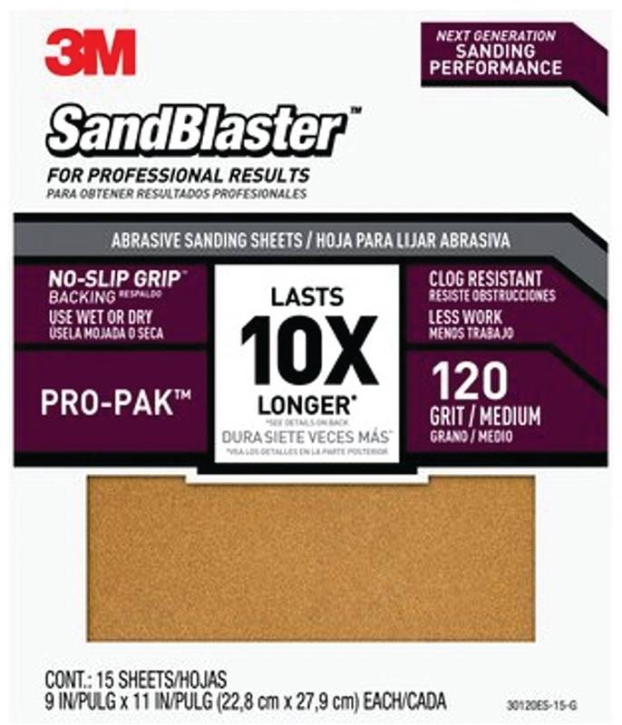 3M 3M SandBlaster Series 30120ES-15-G Sandpaper, 11 in L, 9 in W, 120 Grit, Medium, Aluminum Oxide Abrasive, 15/PK