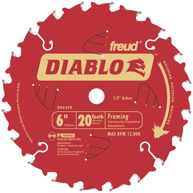 DIABLO Diablo D0620X Circular Saw Blade, 6 in Dia, 1/2 in Arbor, 20-Teeth, Carbide Cutting Edge TOOLS DIABLO