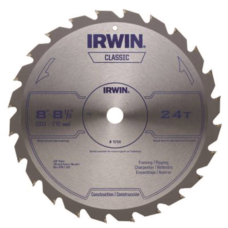 IRWIN Irwin 15150 Circular Saw Blade, 8-1/4 in Dia, 5/8 in Arbor, 24-Teeth, Carbide Cutting Edge, Applicable Materials: Wood