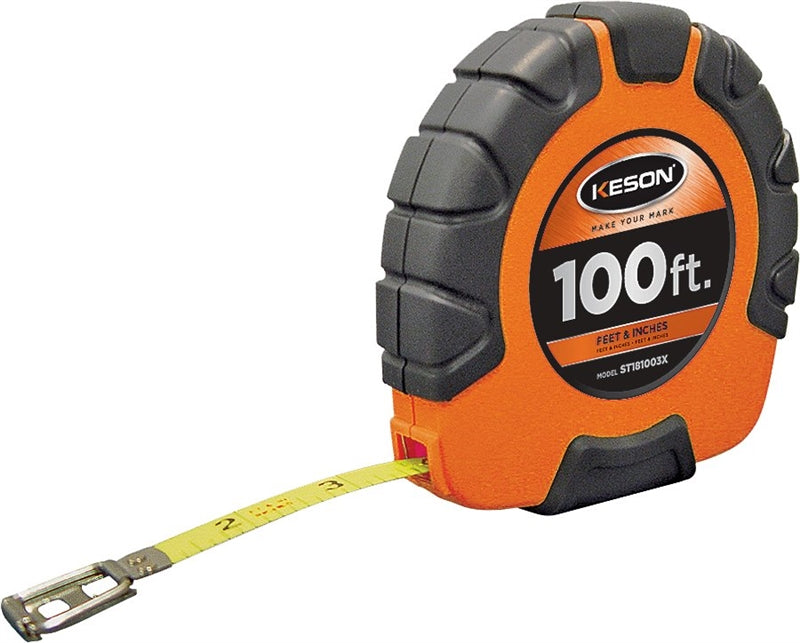 KESON LLC Keson ST181003X Tape Measure, 100 ft L Blade, 3/8 in W Blade, Steel Blade, ABS Case, Orange Case