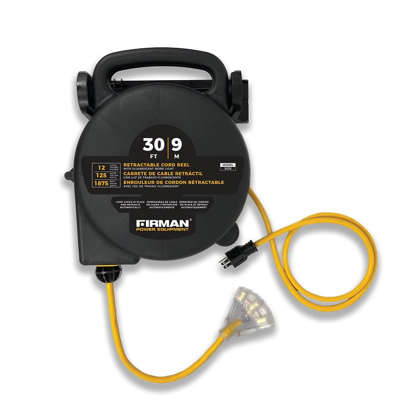 FIRMAN Firman 2035 Retractable Extension Cord Real, 30 ft L Cord, 12 ga Wire, 3-Socket, 125 V, Black