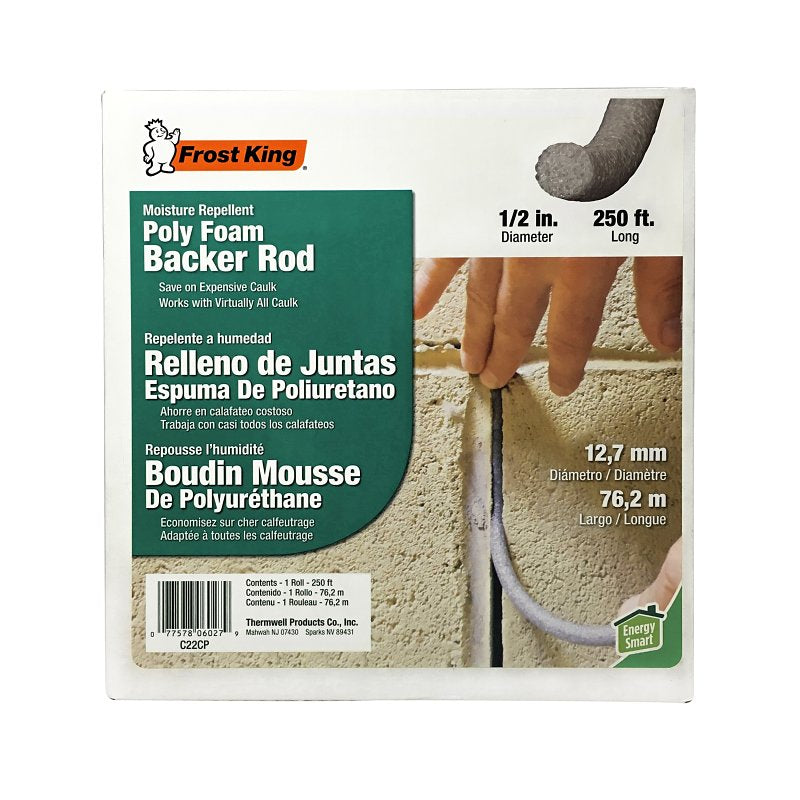 FROST KING Frost King C22CP Caulk Saver Tape, 1/2 in W, 250 ft L, Poly Foam, Gray
