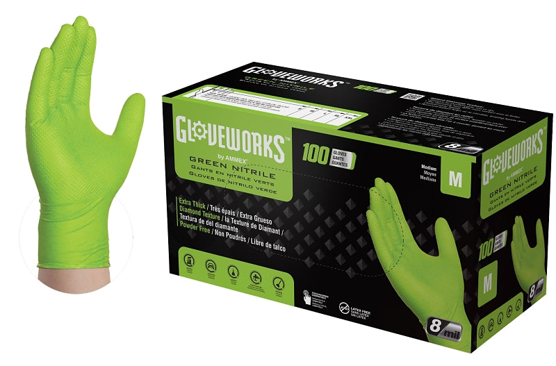 AMMEX Gloveworks GWGN44100 Heavy-Duty Disposable Gloves, M, Nitrile, Powder-Free, Green, 9-1/2 in L