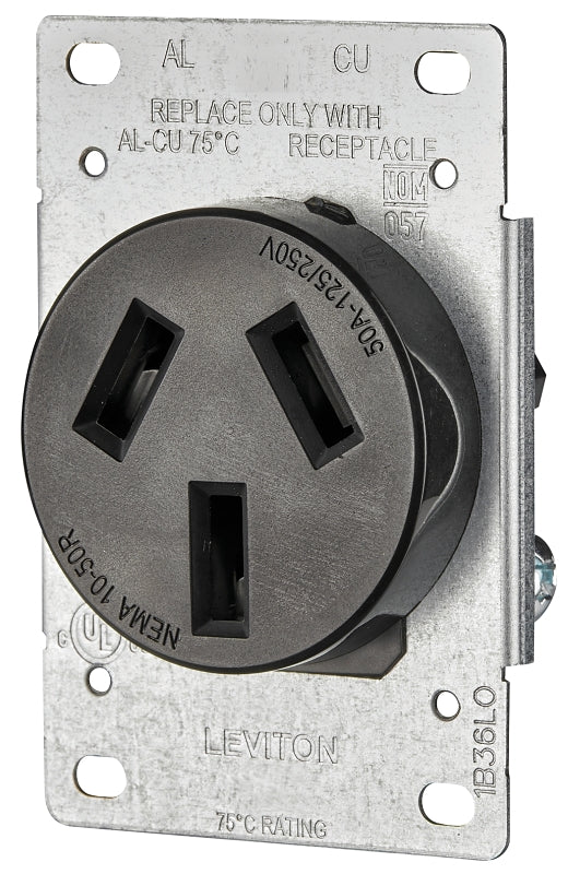 LEVITON Leviton R20-05206-S10 Electrical Receptacle, Flush Mounting, 3-Pole, 125/250 V, 50 A, NEMA: NEMA 10-50R, Black ELECTRICAL LEVITON