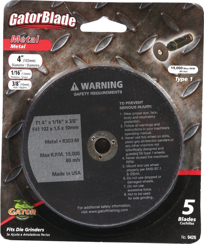 GATOR GatorBlade 9426 Cut-Off Wheel, 4 in Dia, 1/16 in Thick, 3/8 in Arbor, Aluminum Oxide Abrasive TOOLS GATOR