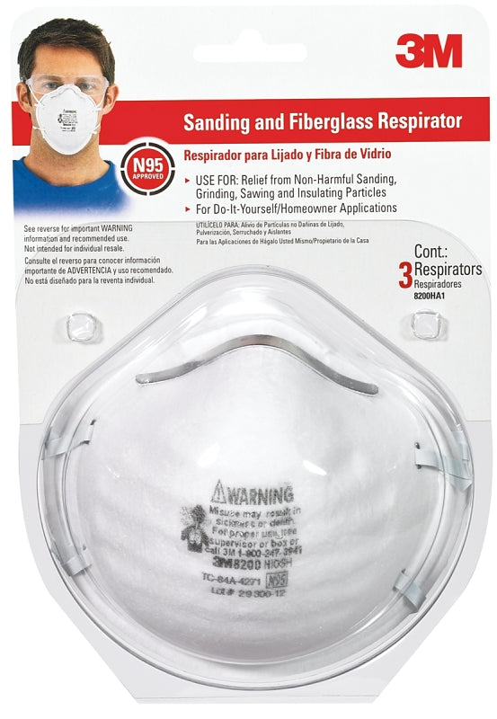 3M 3M 8200H3-DC Respirator, One-Size Mask, N95 Filter Class, 95 % Filter Efficiency, White