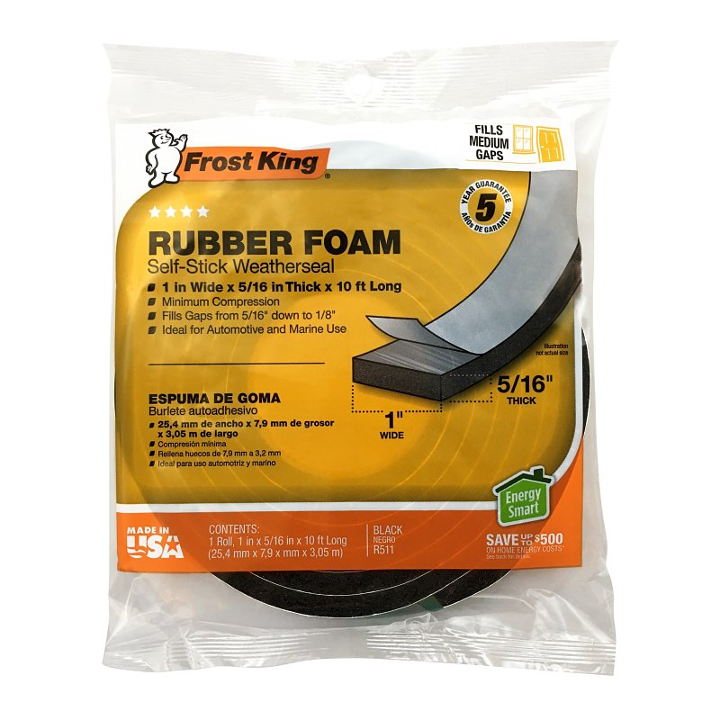 FROST KING Frost King R511H Weatherseal Tape, 1 in W, 10 ft L, 5/16 in Thick, Rubber Foam, Black